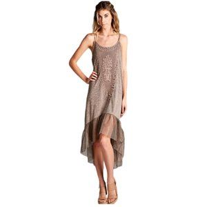 Oddi Taupe Applique Mesh Ruffle Hi Lo Bohemian Dress ID10442